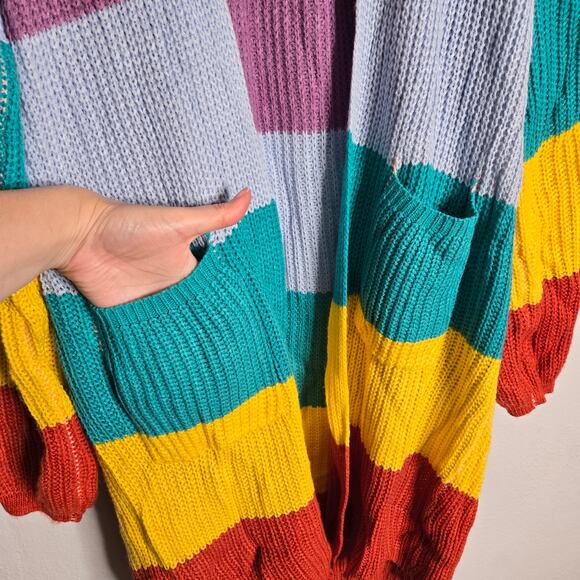 Colorful Rainbow Striped Chunky Knit Duster Cardigan Size M - Picture 5 of 10